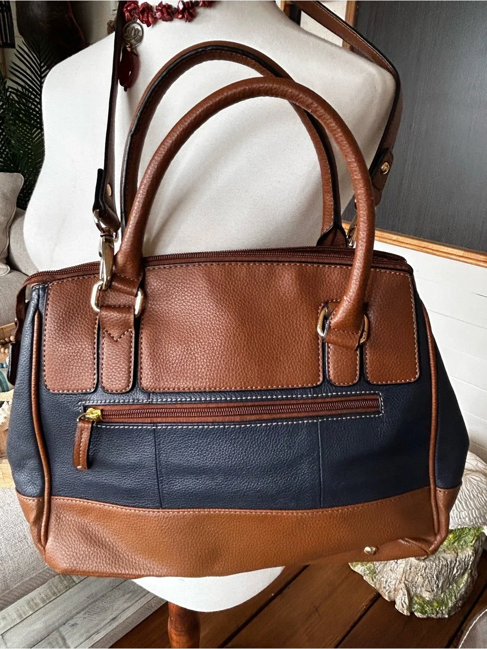 Tignanello Navy & Cognac Satchel Crossbody Bag Colorblock Faux Pebbled Leather
